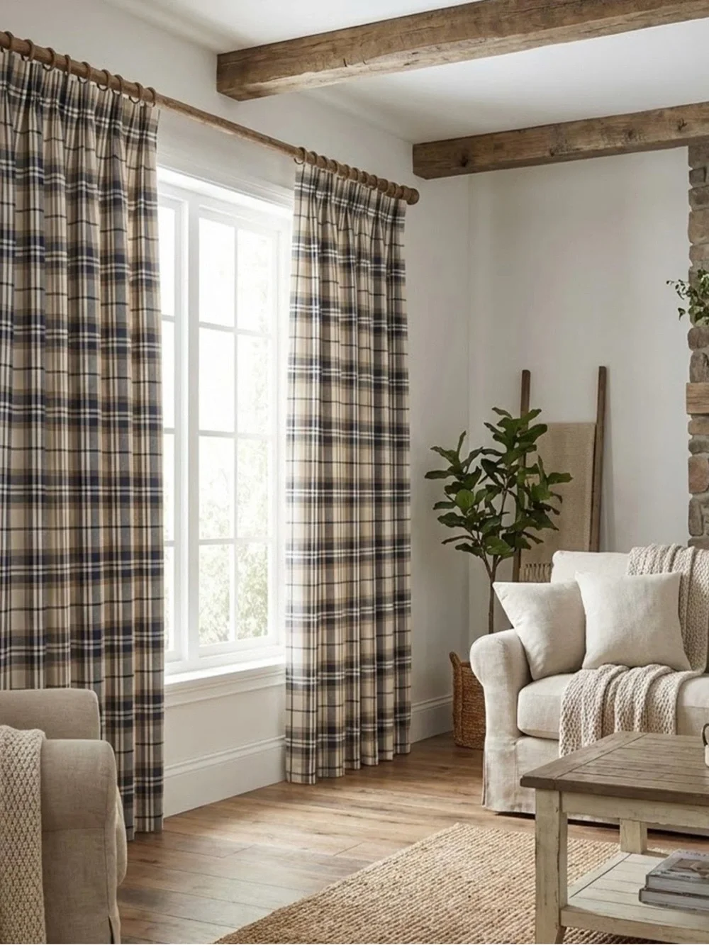 Plaid Window Curtains in Beige and Blue - Home Accents- Blue Tartan Curtains